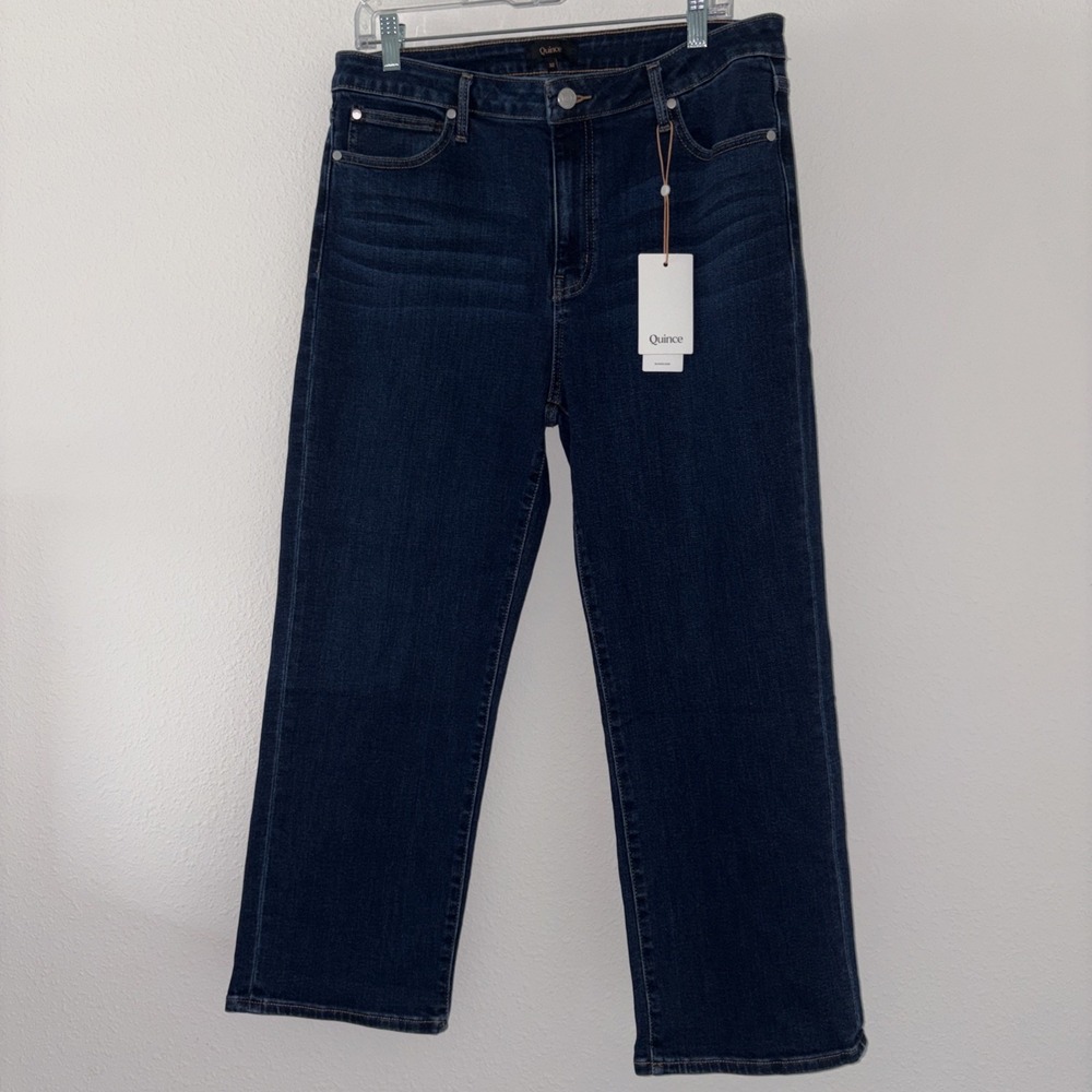 Quince Straight Stretch  High Rise Jeans Womens Sz 32 X26 Midnight Blue